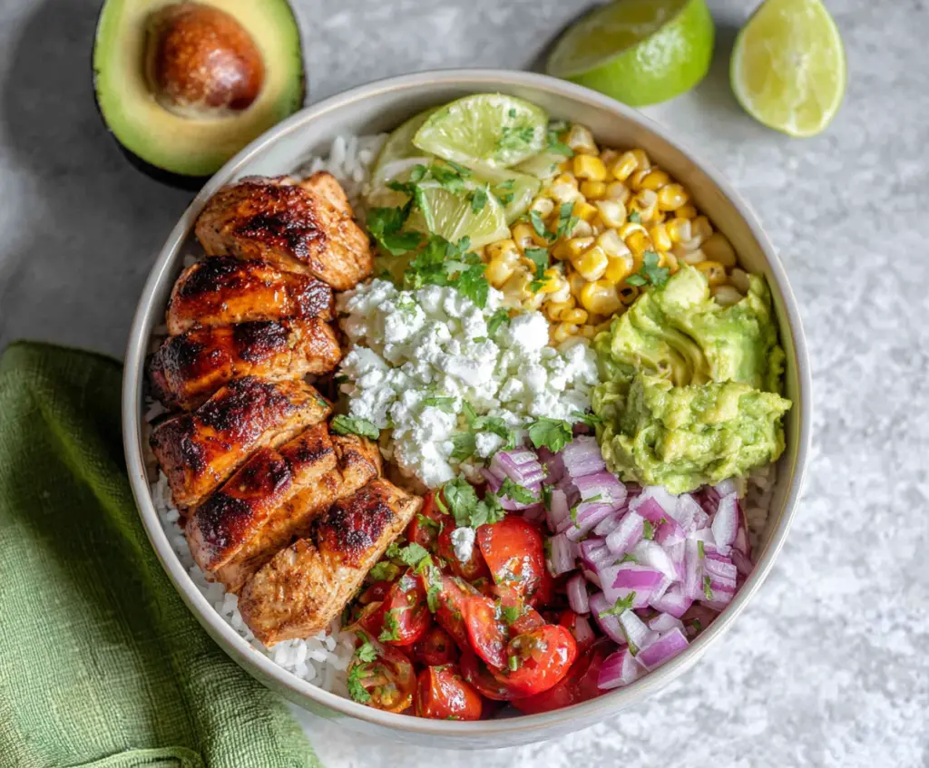 Fresh cilantro lime chicken bowls served with colorful vegetables and rice.