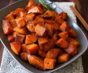 Baked cinnamon roasted sweet potatoes with a caramelized exterior and tender inside, perfect for a healthy snack or side dish.