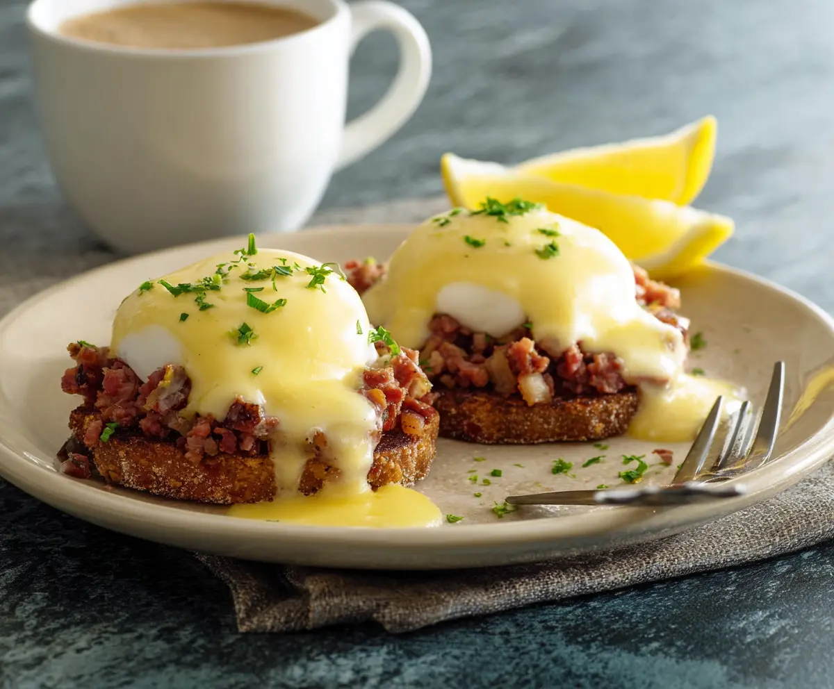 Delicious Corned Beef Hash Eggs Benedict served with poached eggs and hollandaise sauce.