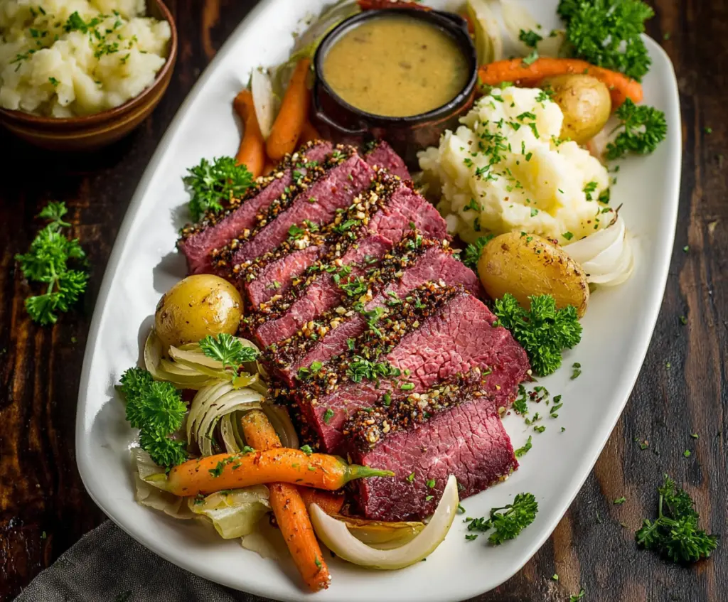 Delicious corned beef with a glossy mustard glaze served on a plate.