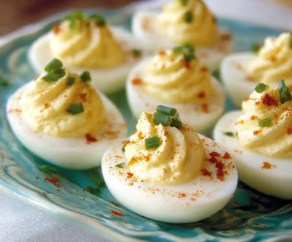 Cream Cheese Deviled Eggs with a creamy filling and paprika garnish on a white plate