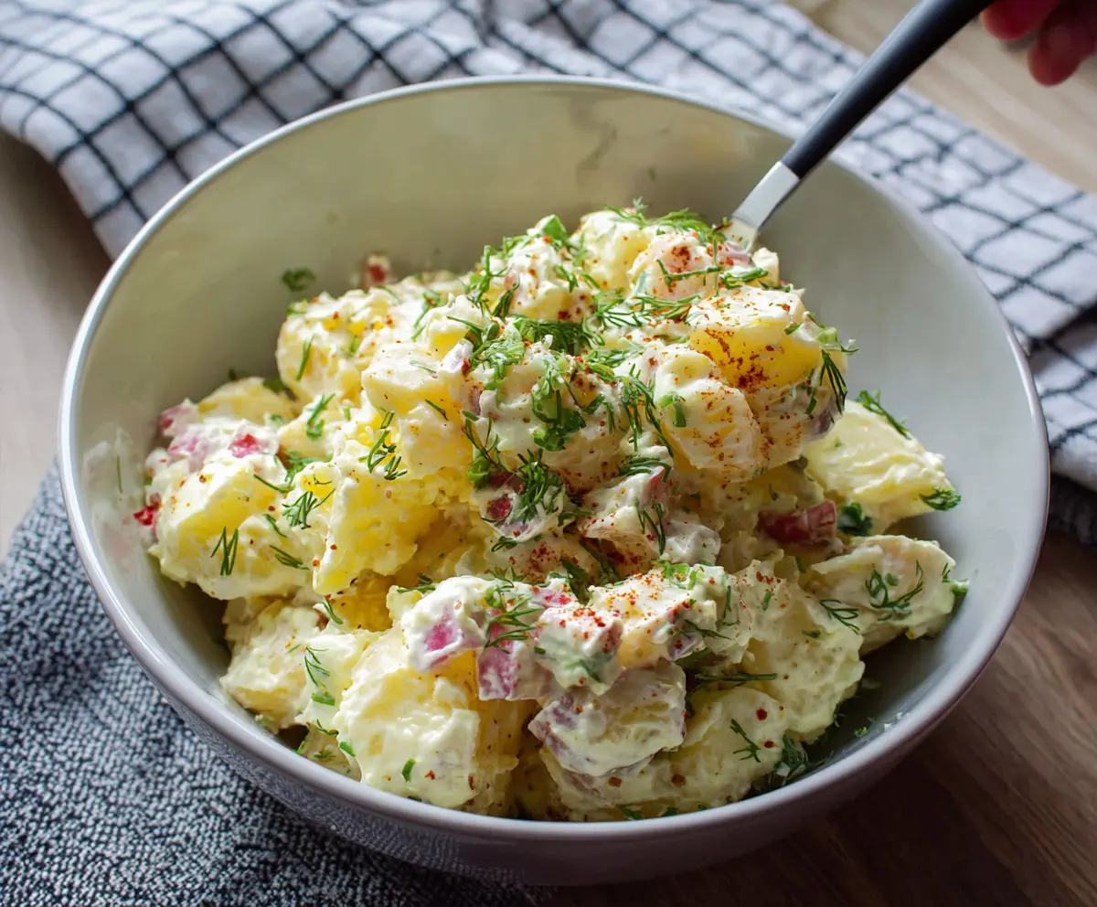 Creamy potato salad made with tender potatoes, mayonnaise, and fresh herbs, perfect for picnics and summer meals.