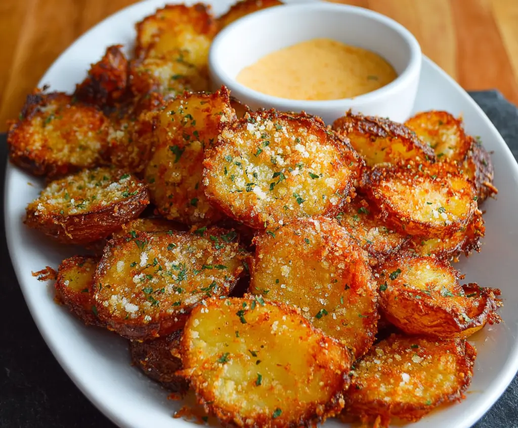 Golden crispy Parmesan potatoes served with herbs, perfect for a savory side dish.