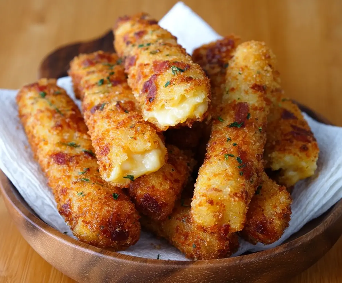 Delicious crispy loaded potato cheese sticks garnished with herbs and served hot.