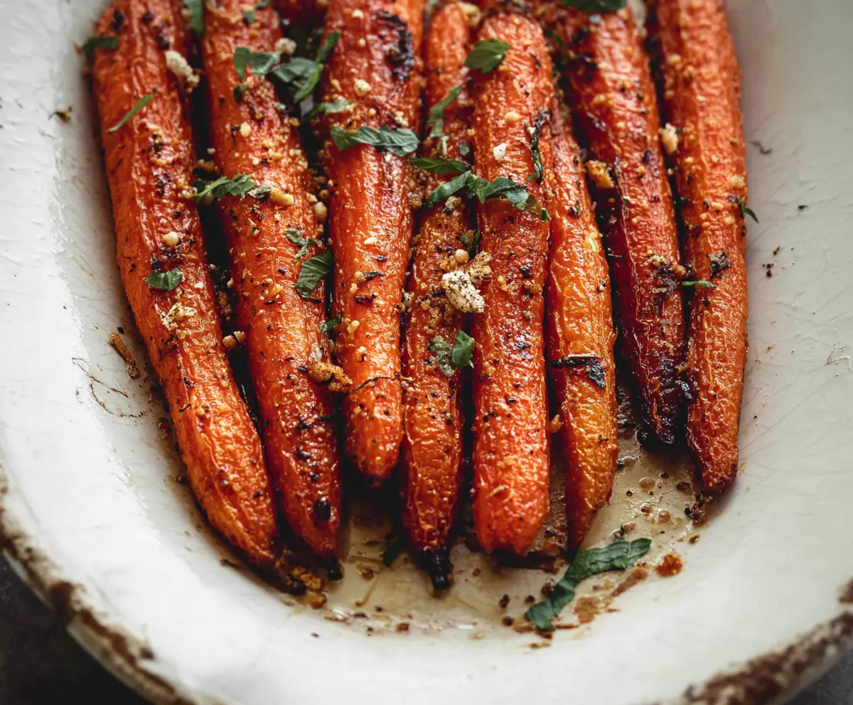 Golden crispy roasted carrots served on a rustic plate, perfect for healthy eating.