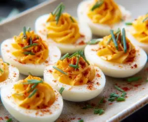Creamy deviled eggs garnished with paprika and fresh herbs for a delightful appetizer.