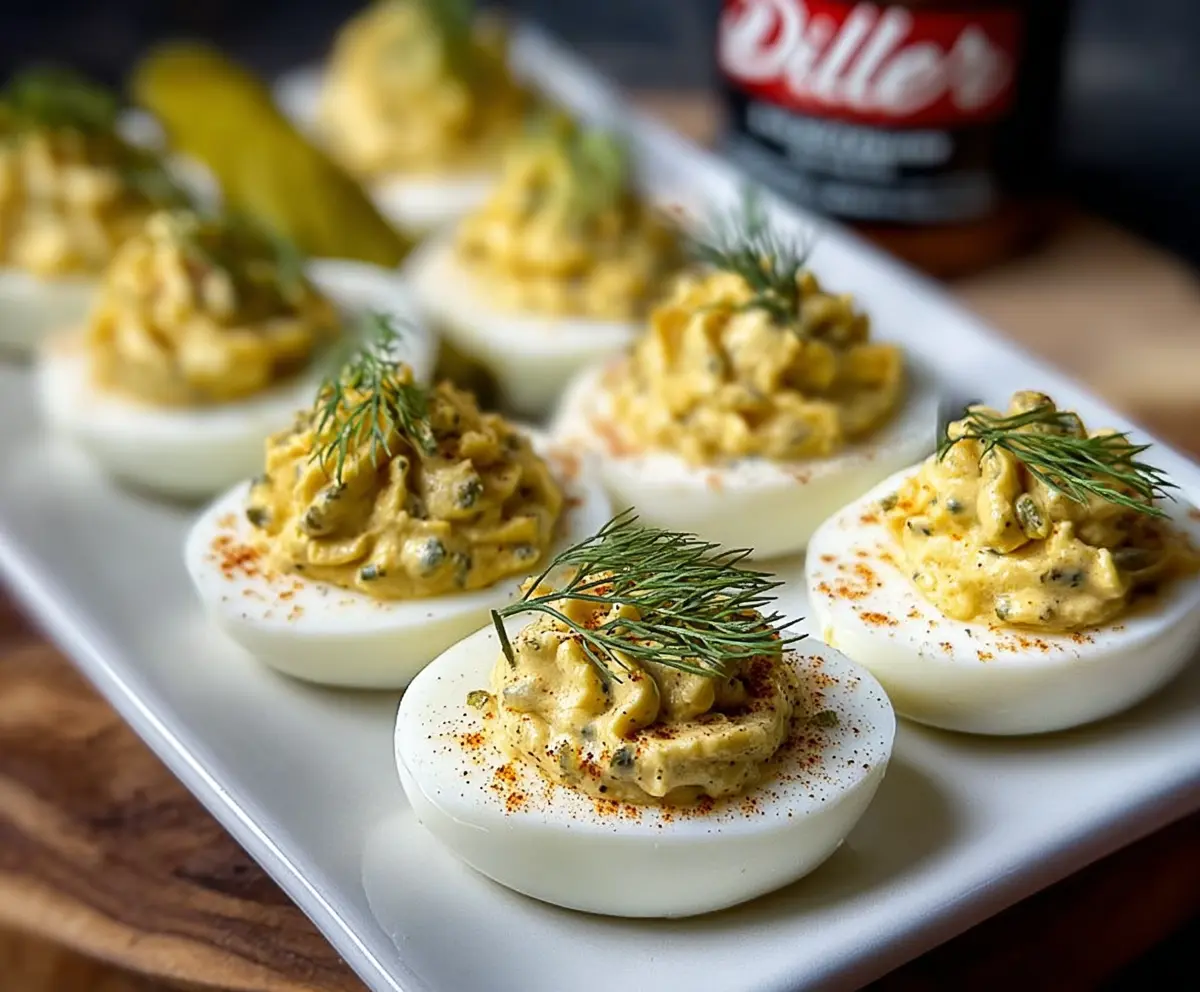 Creamy dill pickle deviled eggs garnished with fresh herbs for a tasty appetizer.