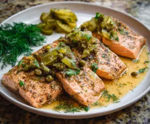 Delicious Dill Pickle Salmon on a plate garnished with fresh herbs