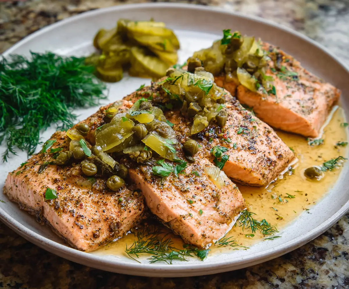 Delicious Dill Pickle Salmon on a plate garnished with fresh herbs