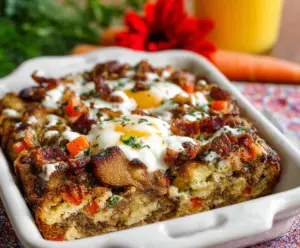 Delicious Easter Breakfast Bake with eggs, cheese, and fresh herbs served in a baking dish.