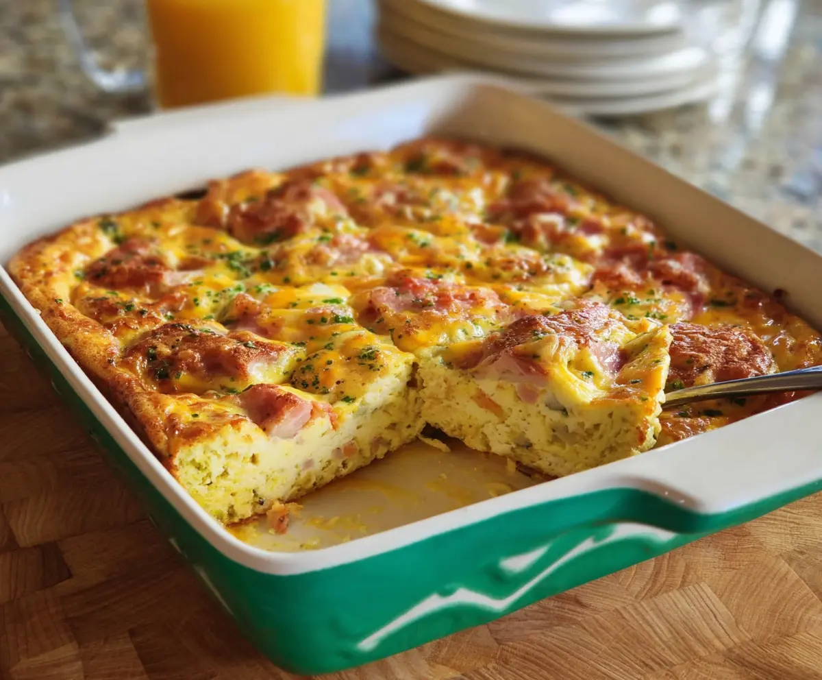 Delicious Easter Breakfast Casserole with eggs and cheese in a baking dish