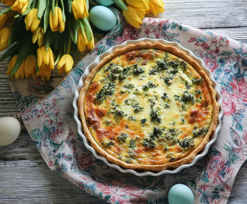 Delicious Easter Brunch Quiche with fresh vegetables and golden crust for a festive breakfast.