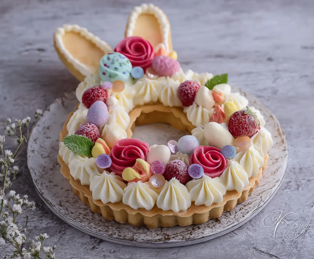 Delicious Easter Bunny Cream Tart decorated with festive colors for spring celebration.