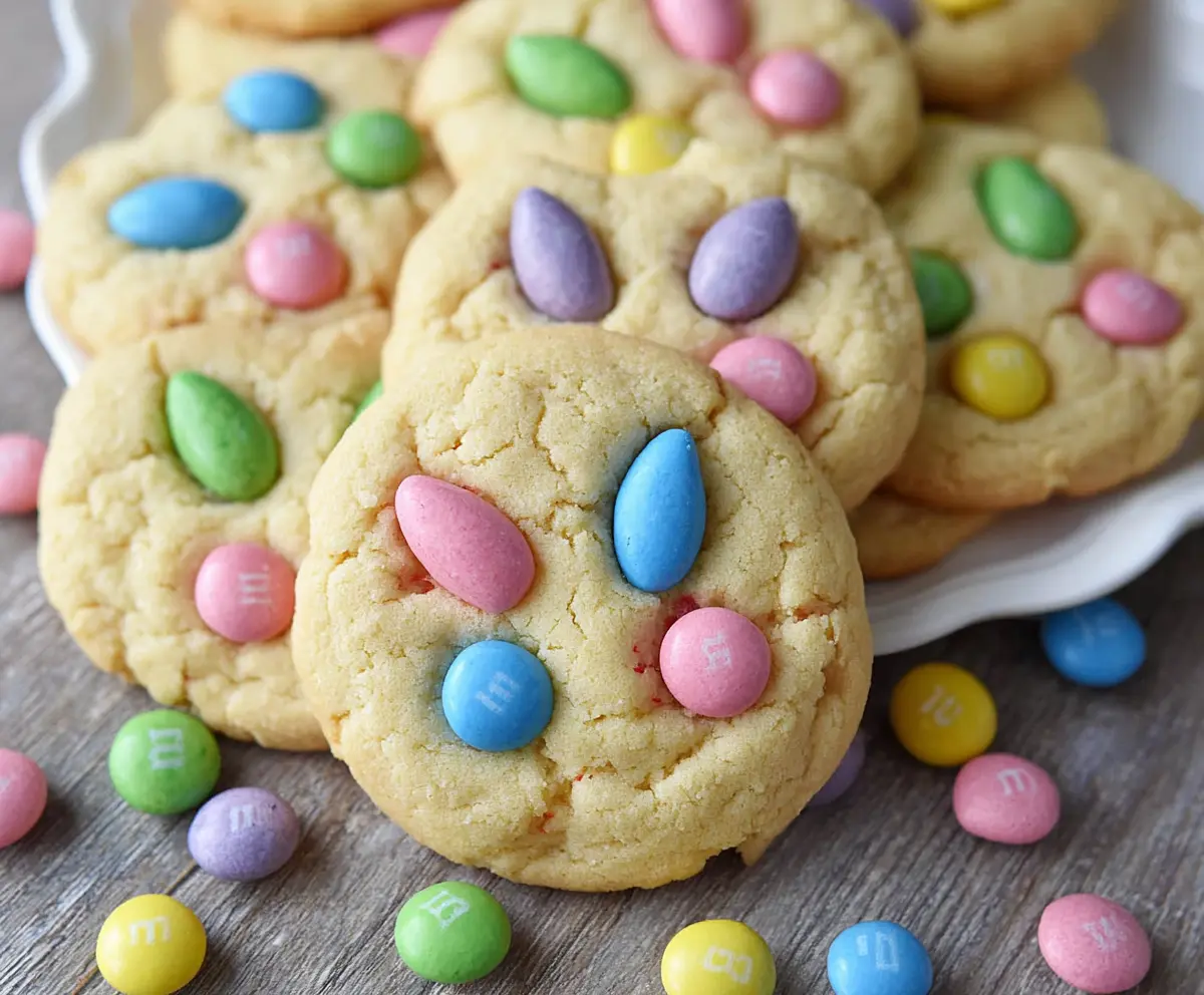 Delicious Easter Bunny M&M's Cookies with colorful chocolate candies and festive look.