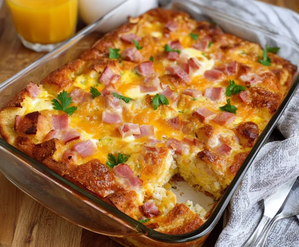 Delicious Easter cheesy ham and egg casserole served in a baking dish.