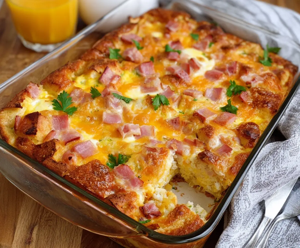 Delicious Easter cheesy ham and egg casserole served in a baking dish.