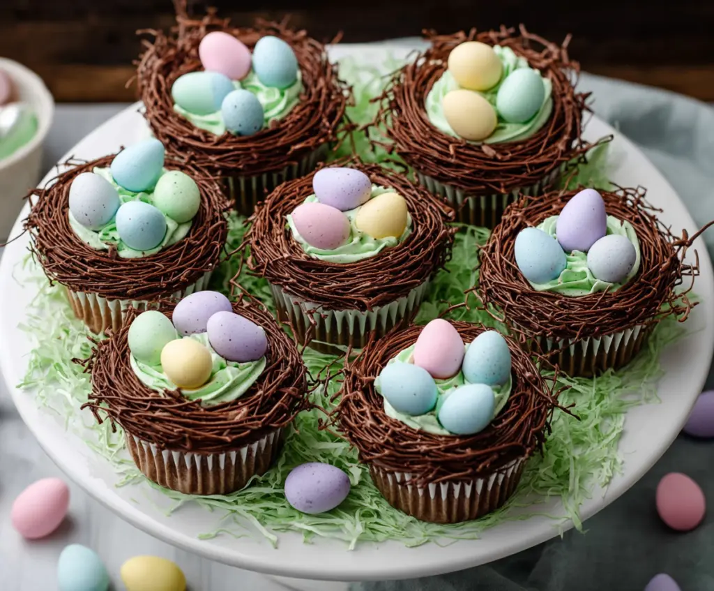 Delicious Easter Egg Nest Cupcakes decorated with colorful candies and frosting.