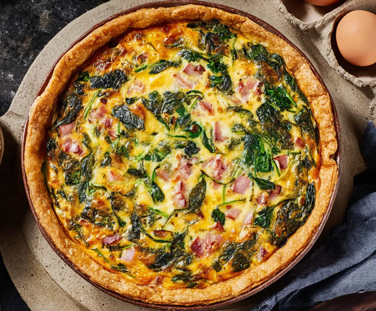 Delicious Easter ham and spinach quiche with flaky crust, perfect for spring celebrations