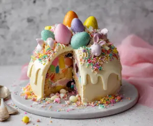 Colorful Epic Easter Egg Smash Cake with vibrant decorations and festive flair for Easter celebrations.