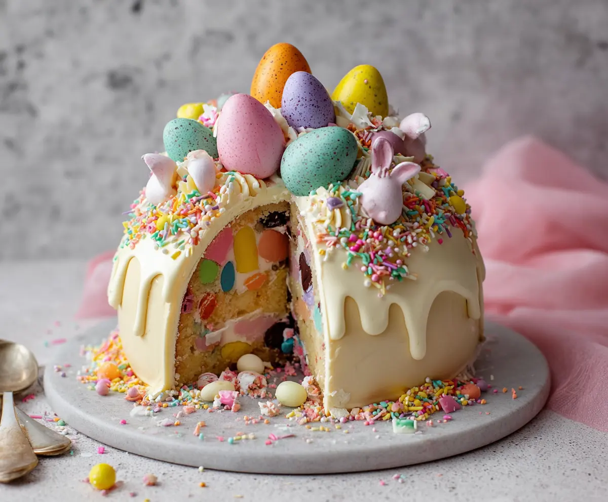 Colorful Epic Easter Egg Smash Cake with vibrant decorations and festive flair for Easter celebrations.