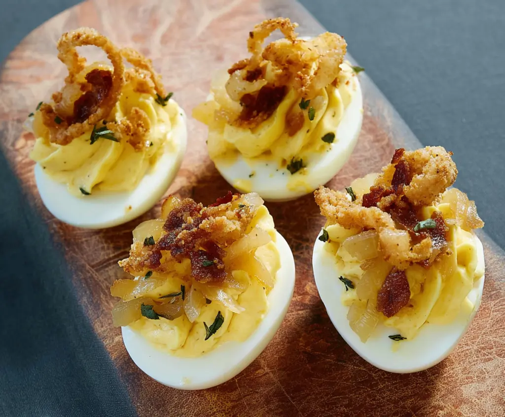 French Onion Deviled Eggs topped with melted cheese and caramelized onions, perfect for appetizers.