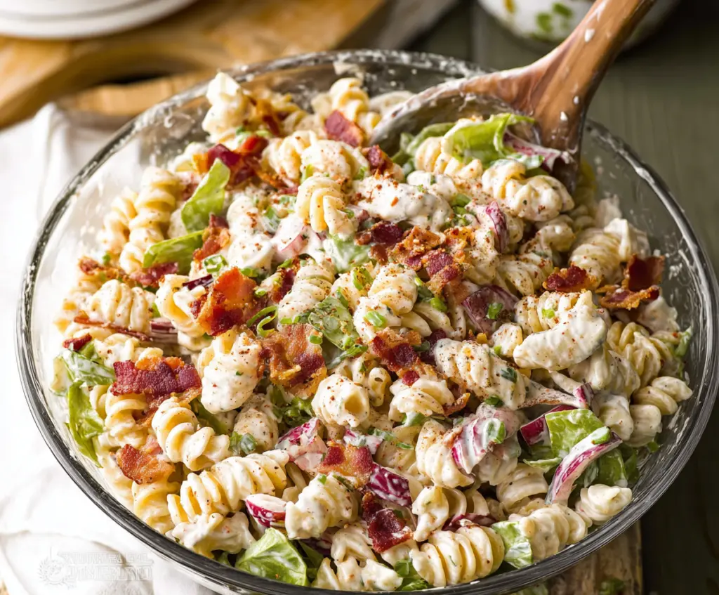 Fresh Ranch Pasta Salad topped with crispy bacon for a flavorful summer dish.