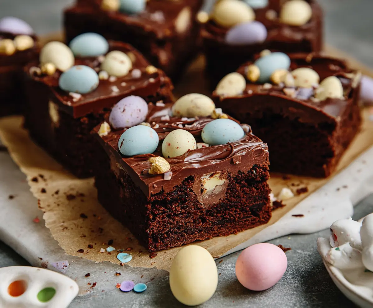 Delicious Frosted Mini Egg Easter Brownies with colorful mini eggs on top.
