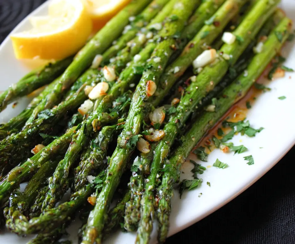 Delicious garlic herb roasted asparagus on a white plate, garnished with fresh herbs.