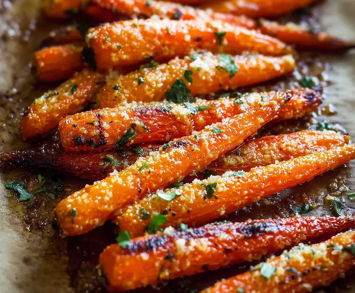 Baked garlic parmesan roasted carrots on a plate, garnished with fresh herbs.
