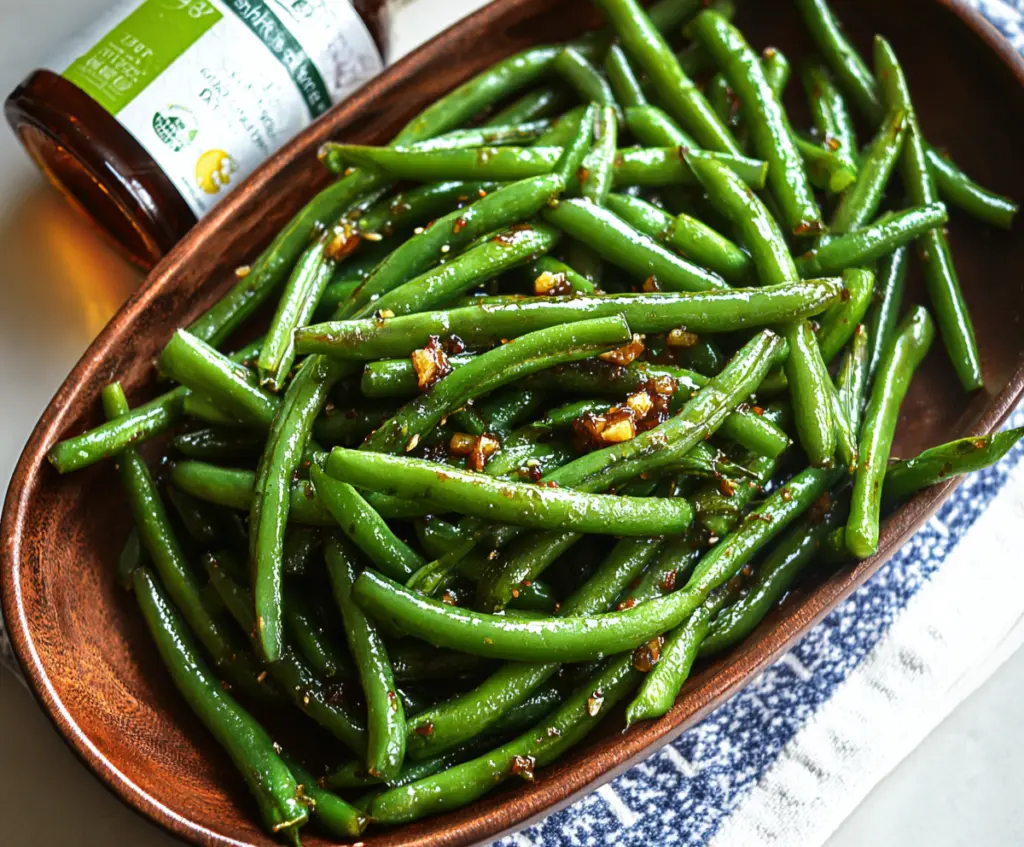 Delicious glazed green beans garnished with sesame seeds on a white plate