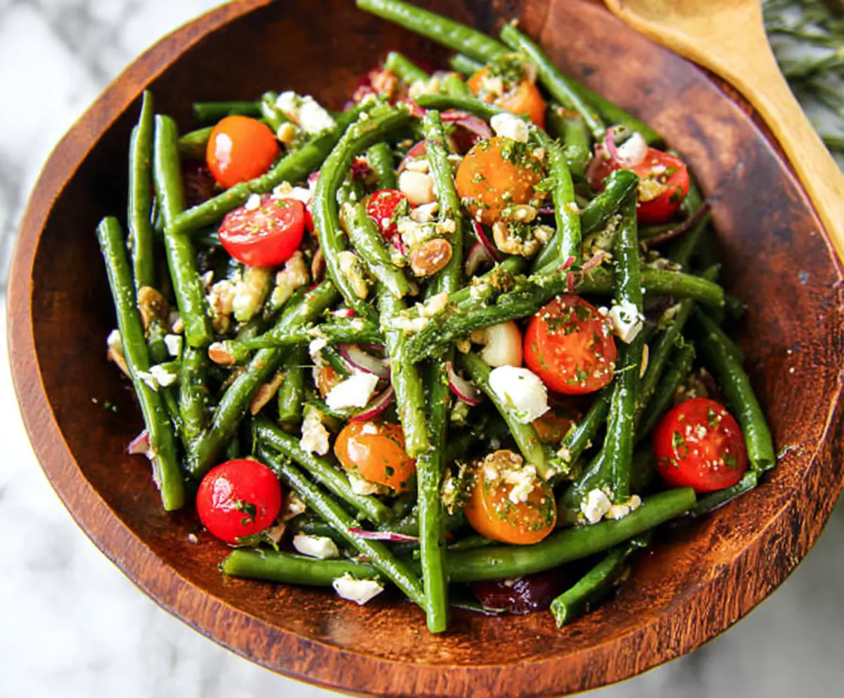 Fresh green bean salad with cherry tomatoes and feta cheese, perfect for healthy snacks and summer meals.