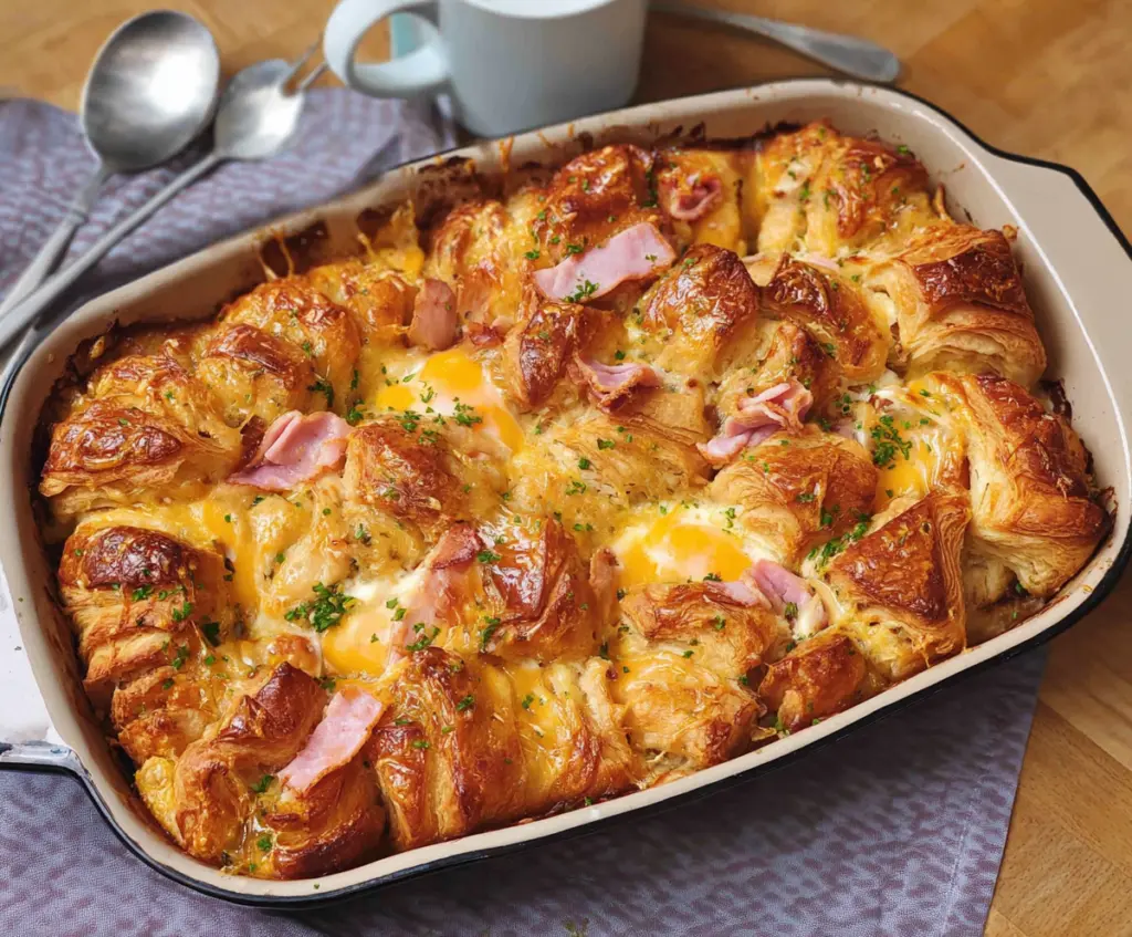 Delicious ham and cheese croissant brunch bake served hot with melted cheese and savory ham.