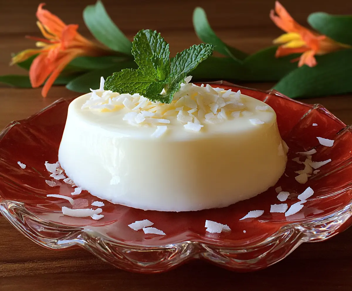 Creamy Hawaiian Coconut Pudding topped with shredded coconut and fresh fruit.