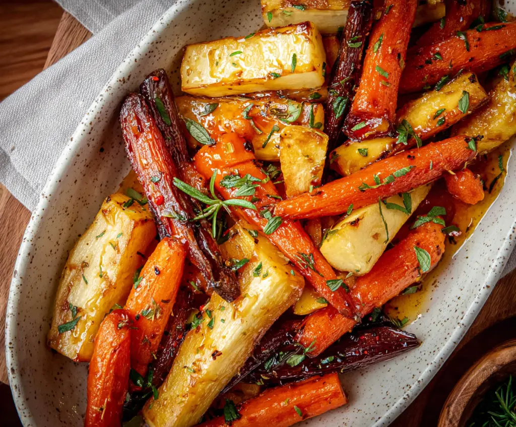 Honey garlic roasted carrots and parsnips dish served in a rustic bowl for a healthy, flavorful side.