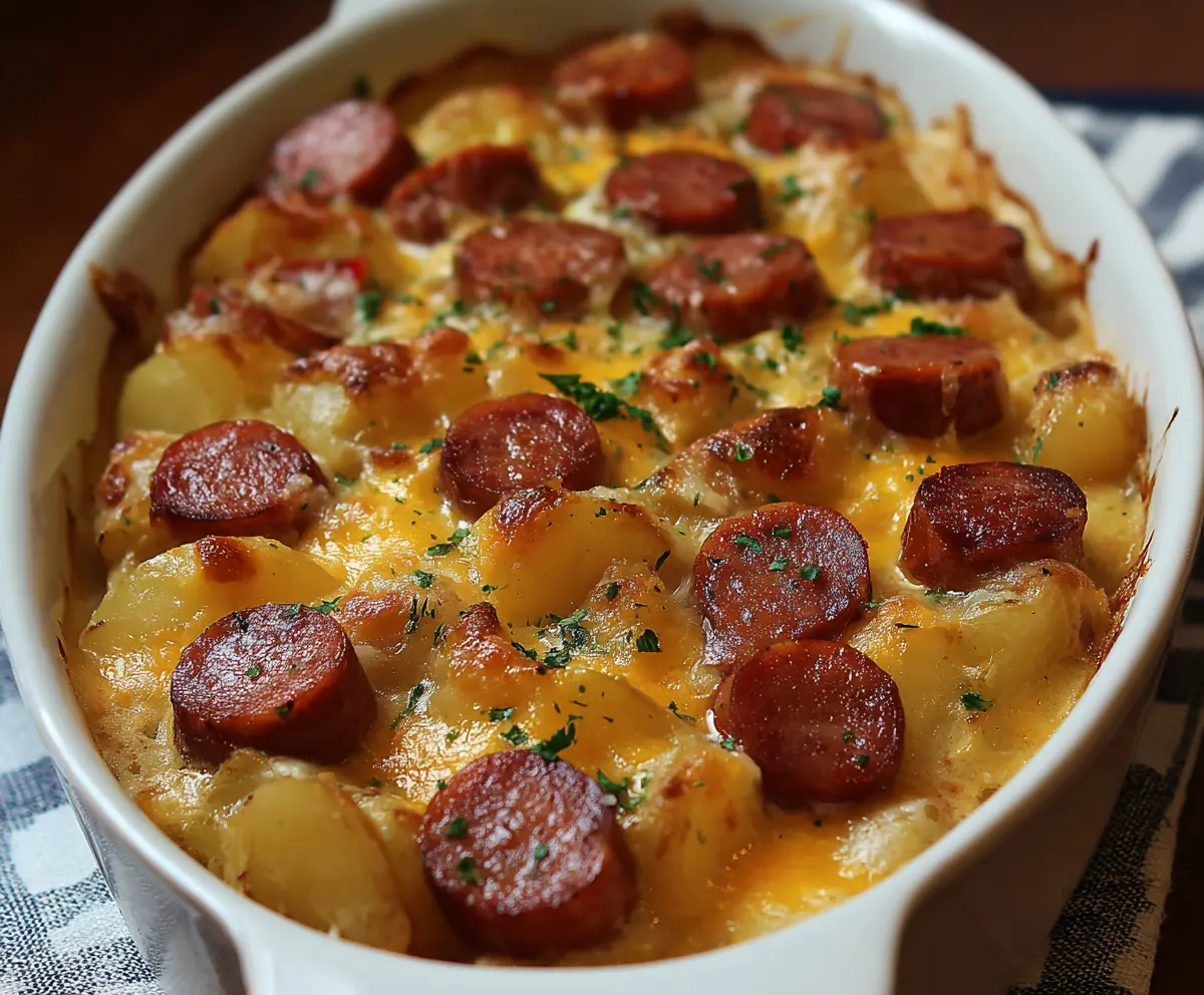 Delicious Kielbasa Sausage Cheesy Potato Casserole served hot with melted cheese on top.