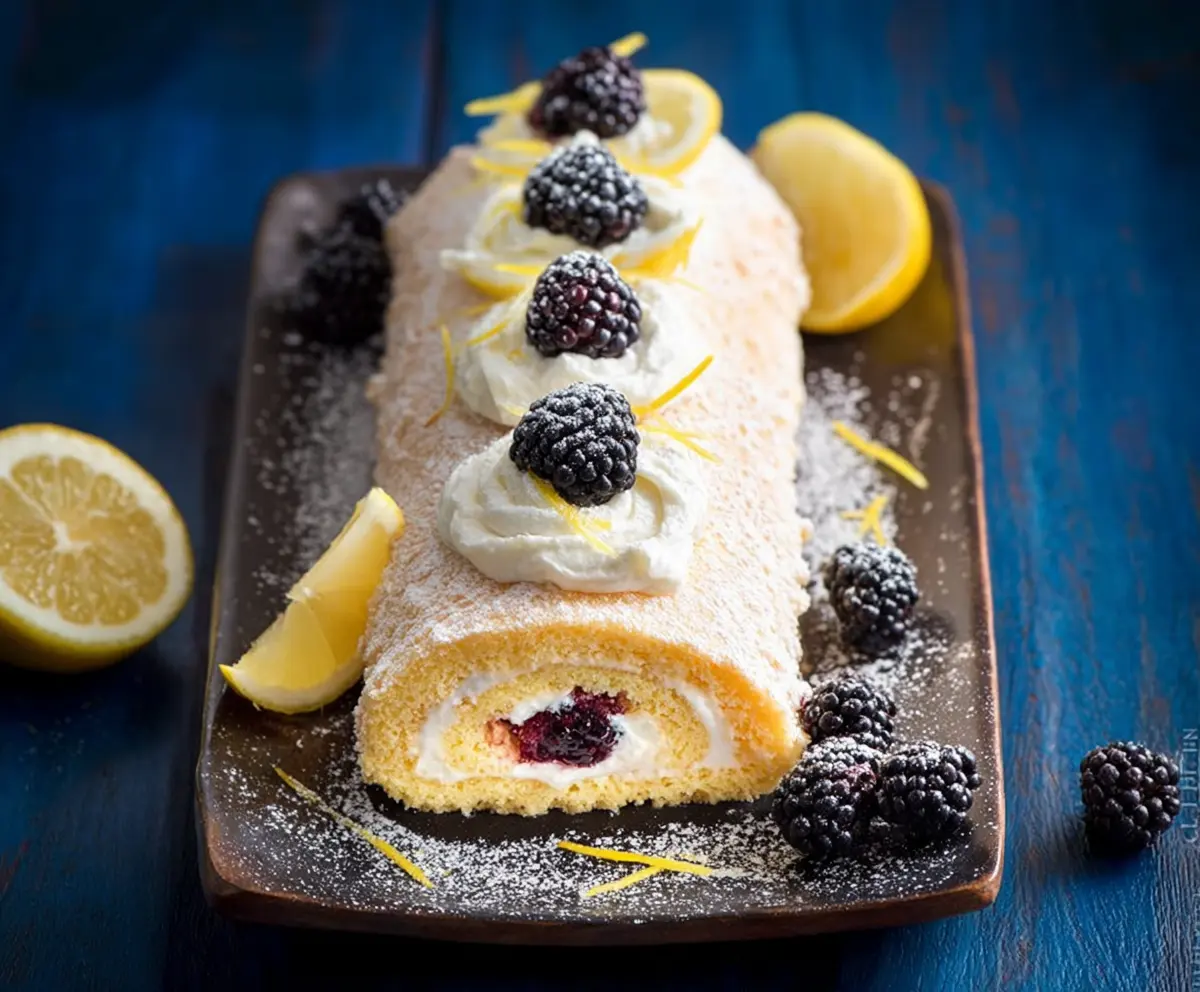 Delicious lemon and blackberry cake roll with fresh fruit and light sponge dessert.