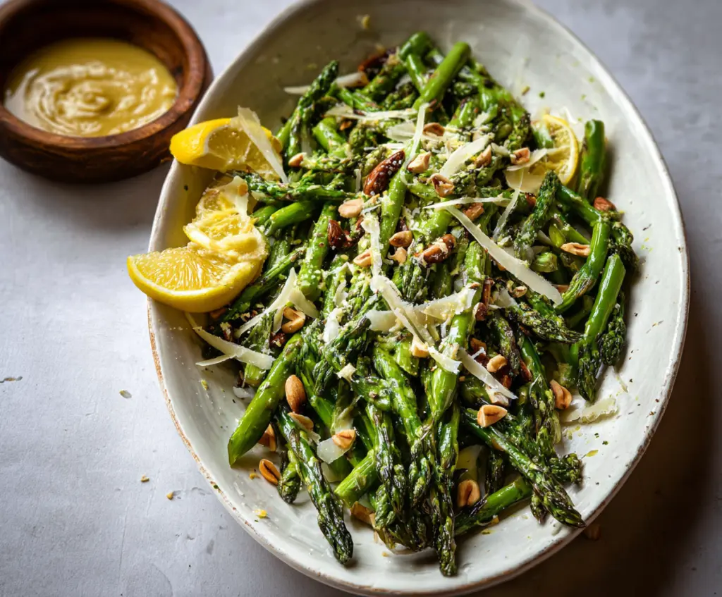 Fresh lemon asparagus salad with shaved cheese and crunchy nuts, perfect for a light, healthy meal.