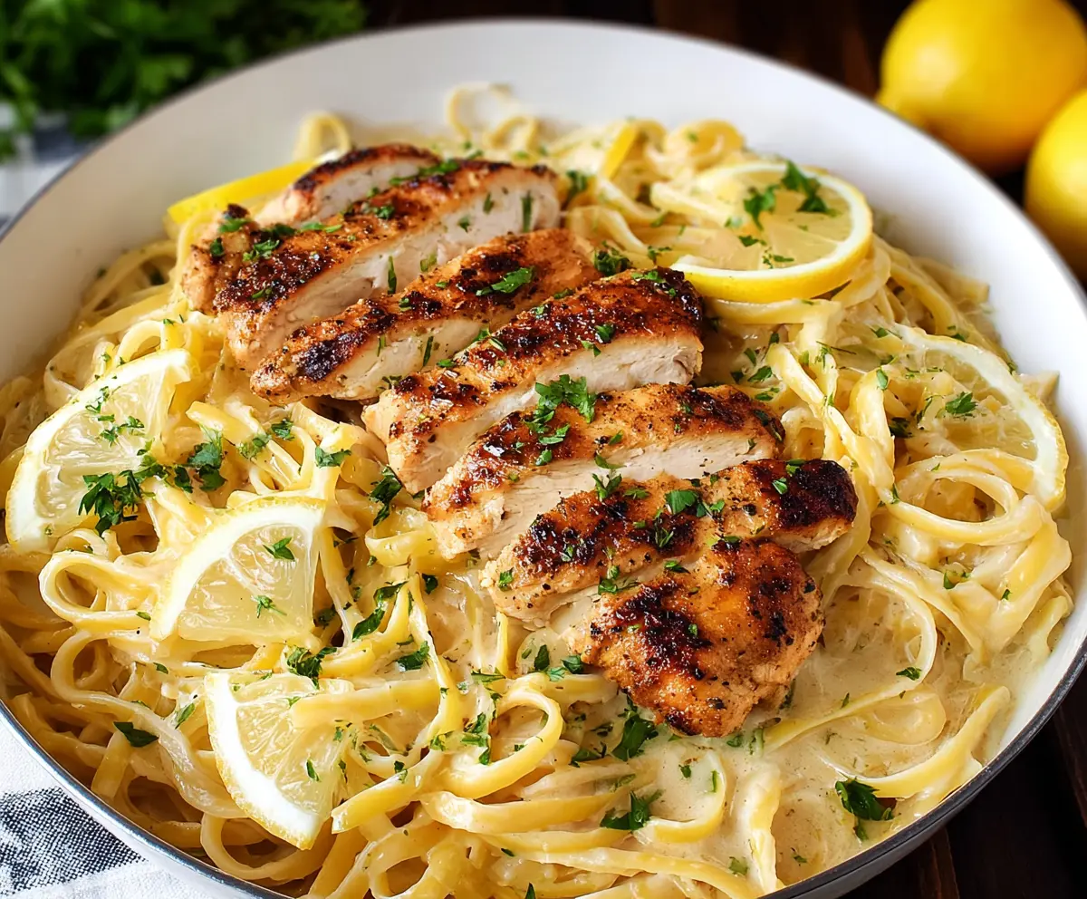 Creamy Lemon Chicken Pasta dish garnished with fresh herbs and lemon slices.