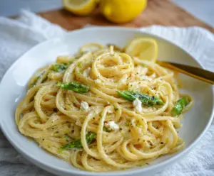 Creamy Lemon Feta Pasta with fresh herbs and a garnish of lemon slices.