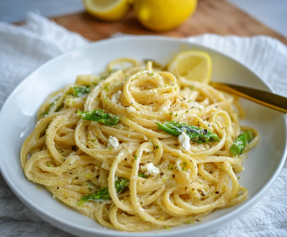 Creamy Lemon Feta Pasta with fresh herbs and a garnish of lemon slices.
