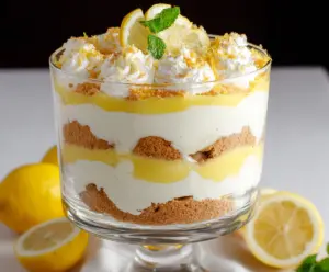 Delicious Lemon Lush Trifle with layers of creamy lemon filling and fluffy whipped topping