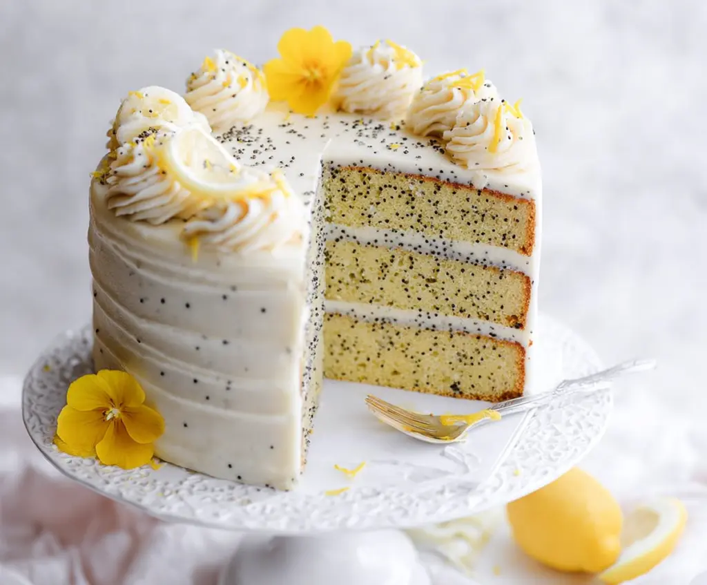 Delicious Lemon Poppy Seed Cake sliced on a white plate with fresh lemons and poppy seeds on top