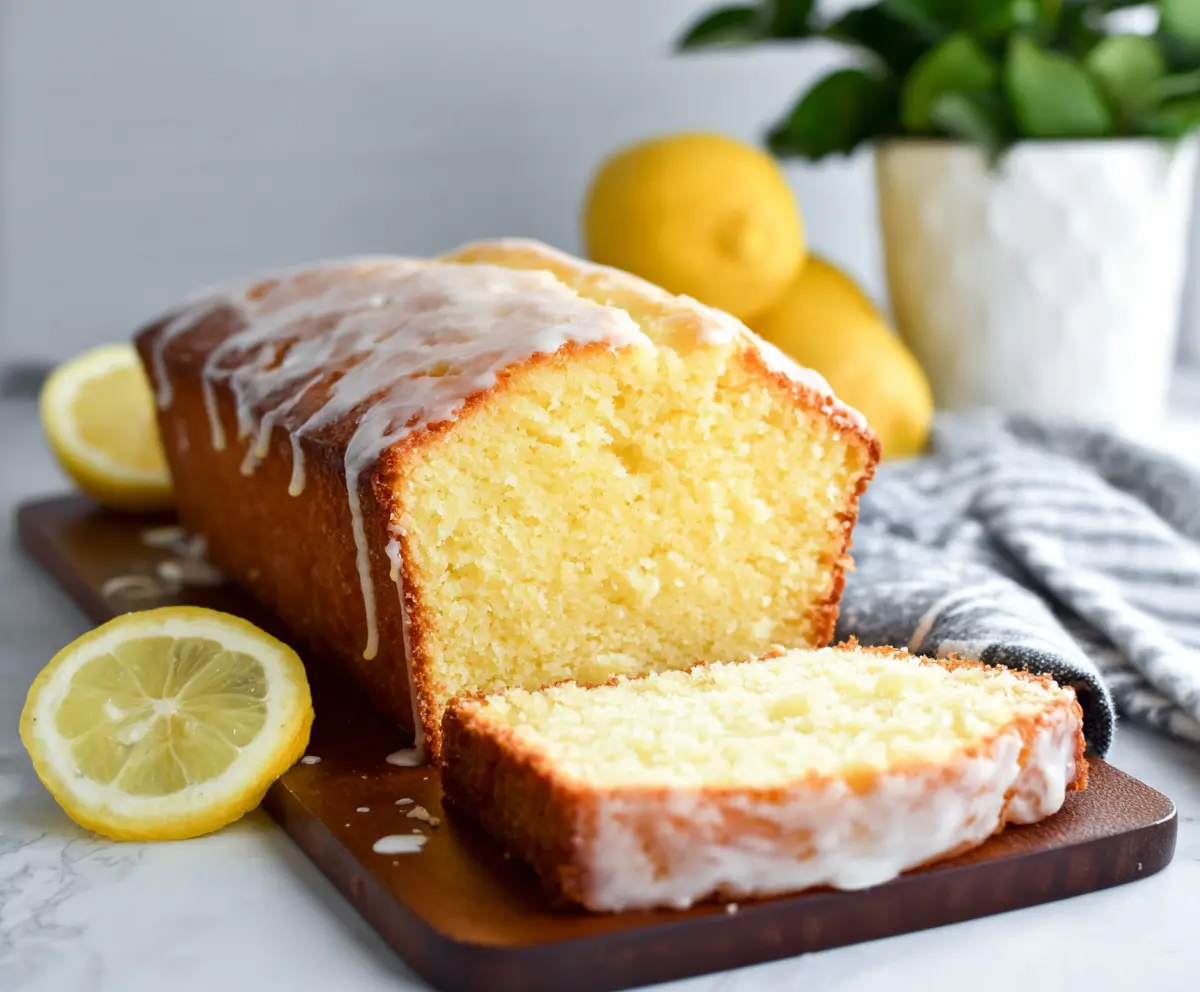 Delicious Lemon Ricotta Pound Cake sliced on a wooden serving board with fresh lemon zest and berries.
