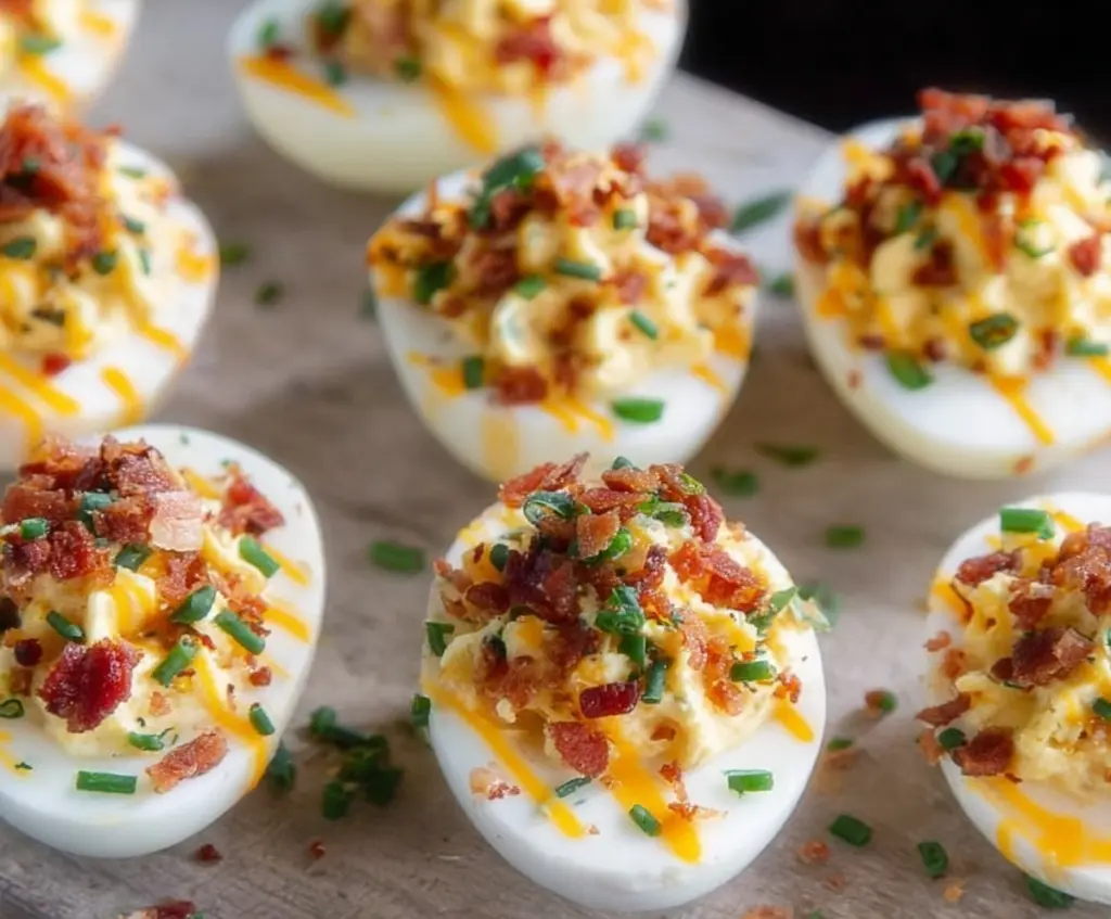 Loaded deviled eggs topped with bacon and chives for a savory appetizer.