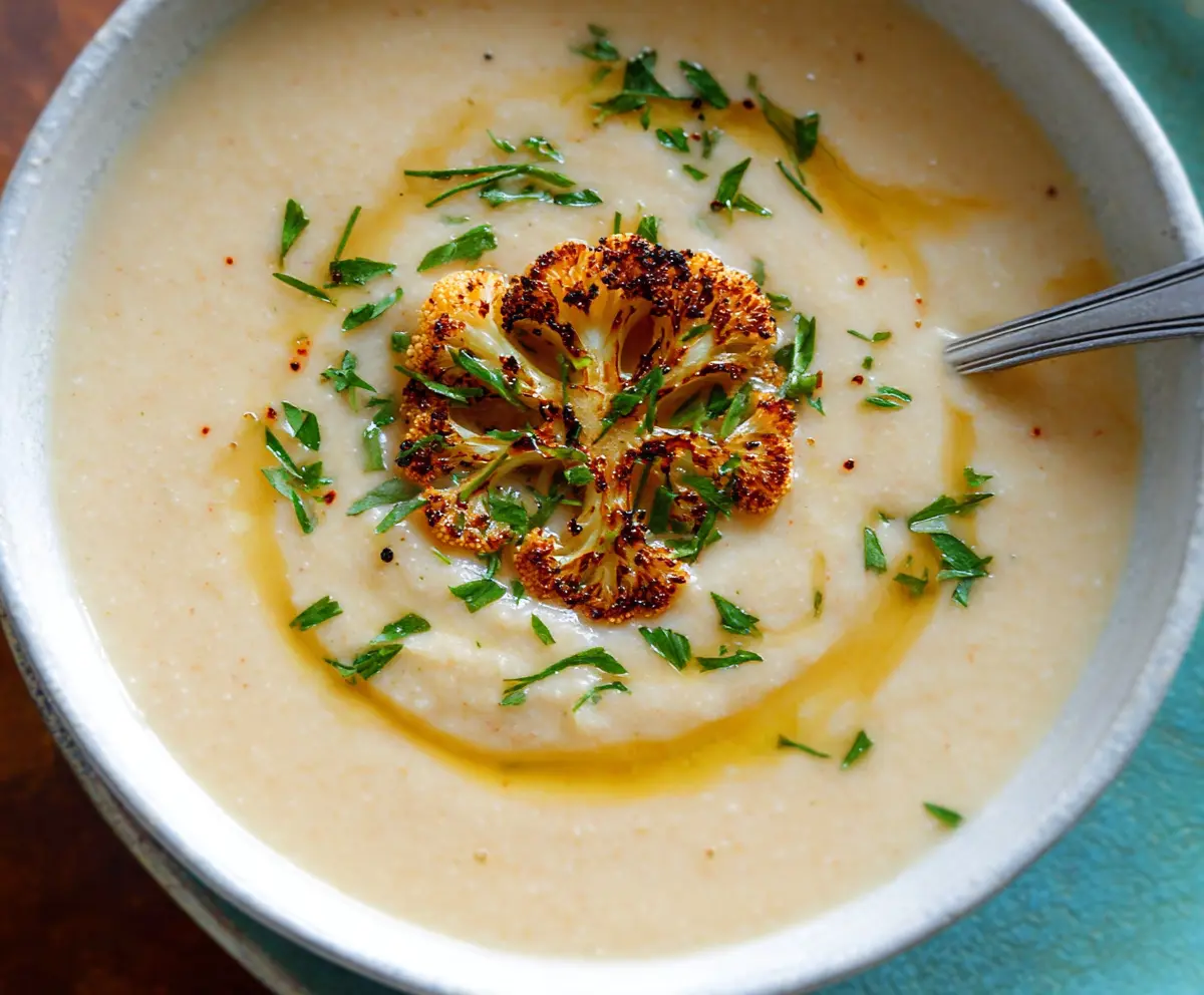 Bowl of creamy Mediterranean cauliflower soup garnished with herbs and olive oil.