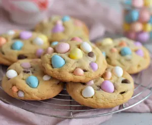 Delicious mini egg cookies featuring colorful chocolate eggs and a soft cookie base.