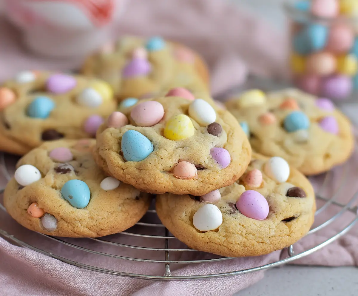 Delicious mini egg cookies featuring colorful chocolate eggs and a soft cookie base.