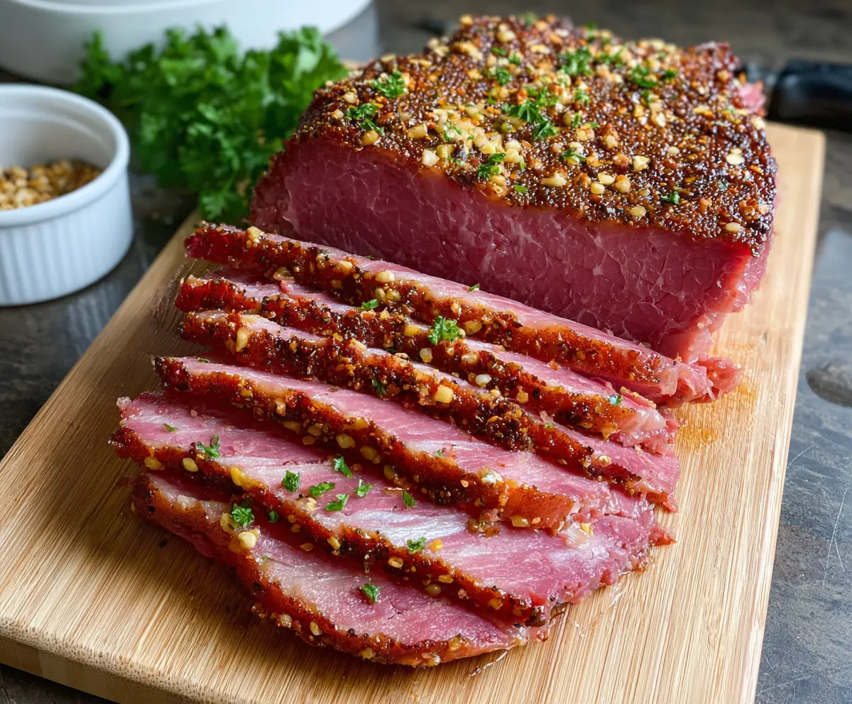Juicy oven roasted corned beef served with crispy vegetables.