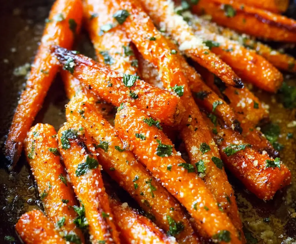 Delicious Parmesan garlic roasted carrots on a white plate, garnished with fresh herbs.