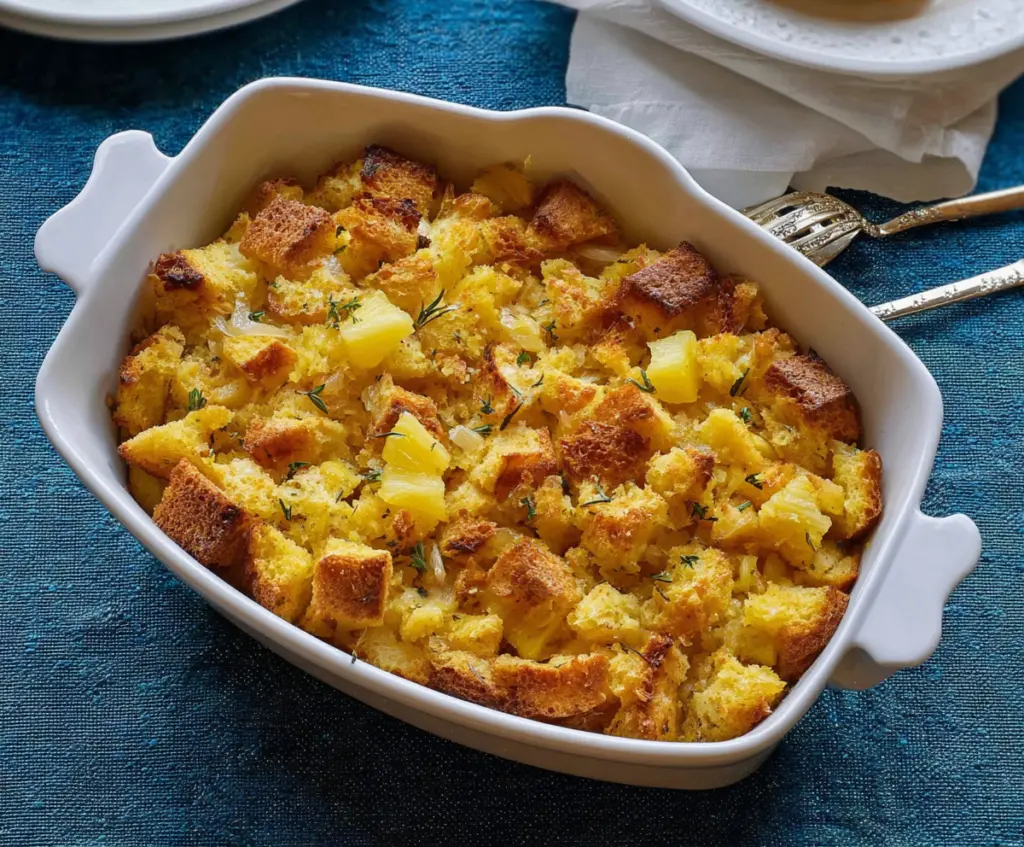 Delicious pineapple stuffing served in a bowl, perfect for holiday dinners and special occasions.